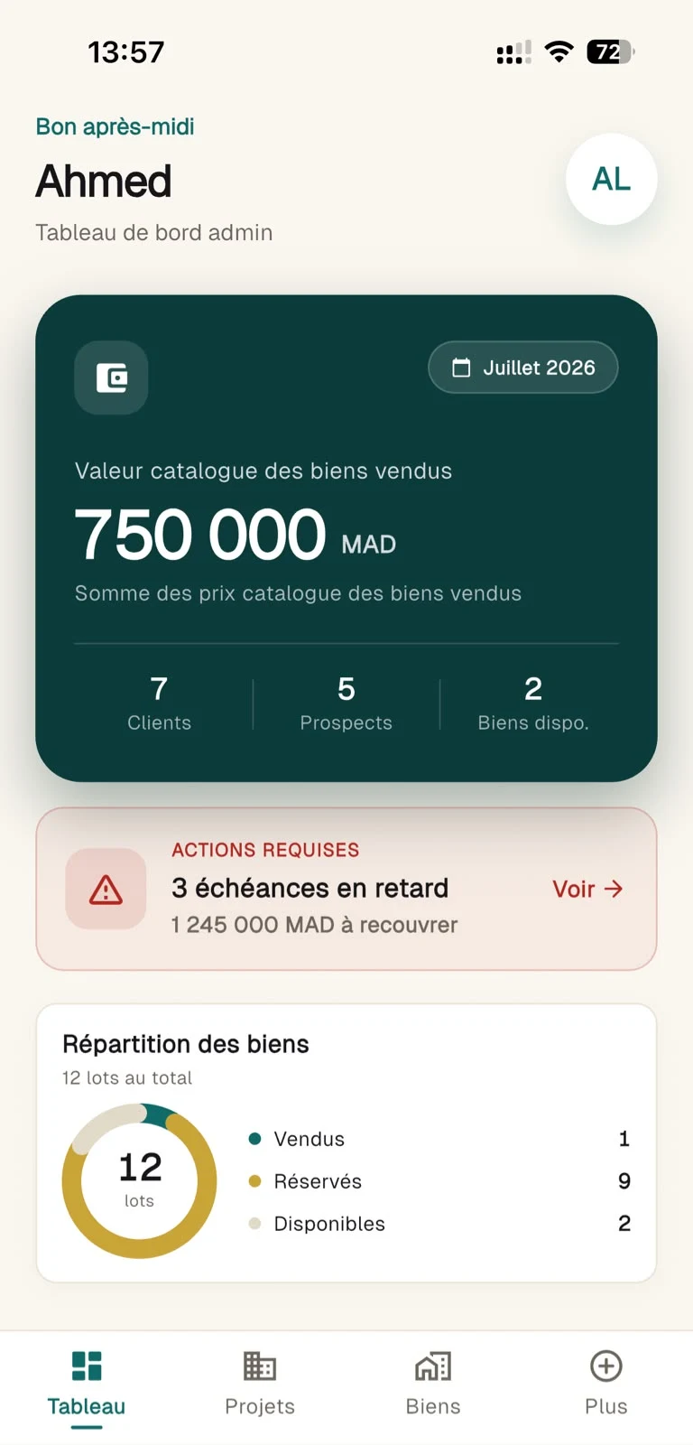 Application mobile aaqaar — tableau de bord d’une agence immobilière