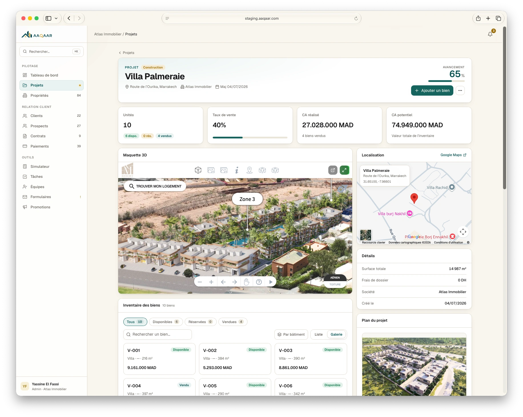 Projets & stock — Pilotez chaque projet et chaque lot, en 3D
